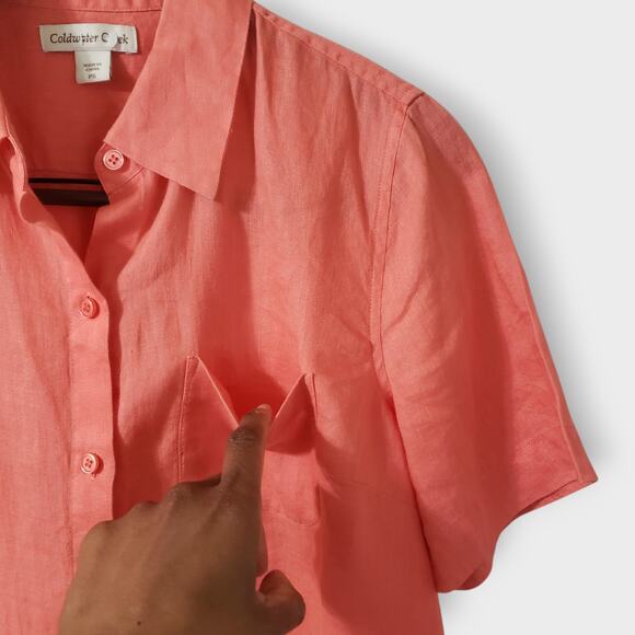 Coldwater Creek Linen Boxy Button Up Camp Shirt Coral Size Small Petite Casual - Picture 4 of 13